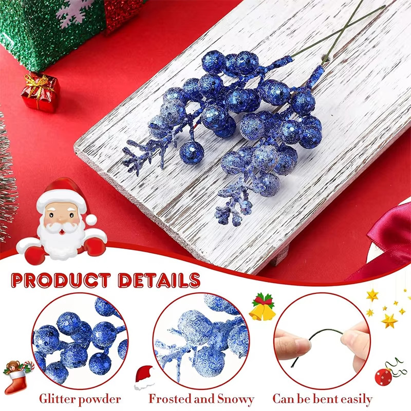 19Cm Christmas Blue Glitter Berry Stems Artificial Foam Berry Snow Covered Berry
