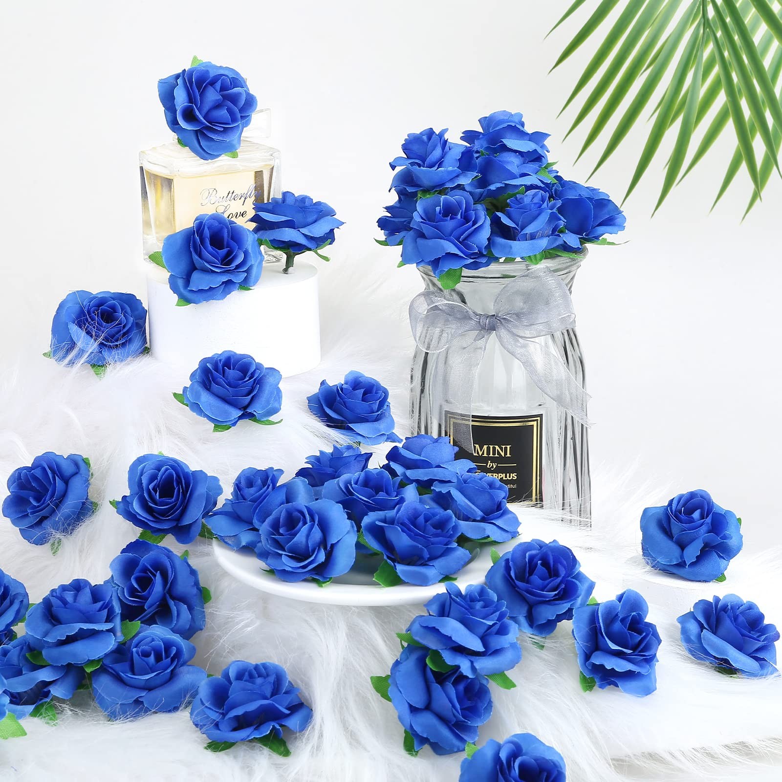 50pcs Royal Blue Roses Artificial Flowers Bulk, 1.6″ Small Silk Fake Roses Flowe