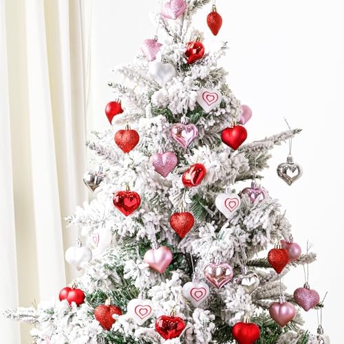 Valentine’s Day Decor Heart Decorations, 48 Pcs Red Pink Silver White Plastic