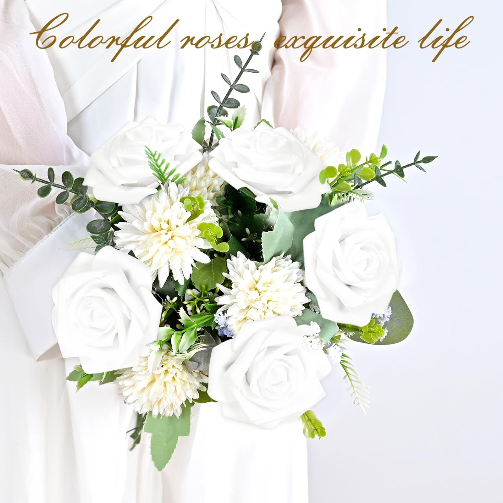 BLEUM CADE 36Pcs Artificial Flowers Fake Roses with Stems, White Boxed Foam R…