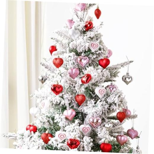 Valentine’s Day Decor Heart Decorations, 48 Pcs Red Pink Silver White Plastic