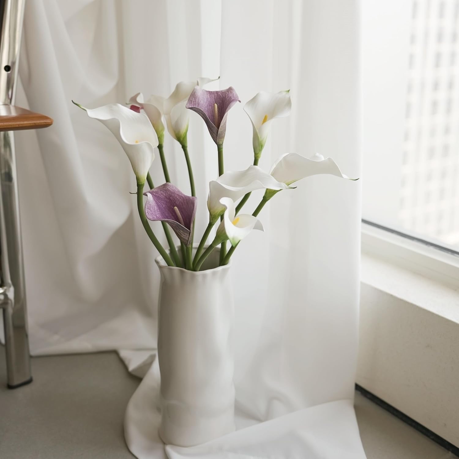 Artificial Calla Lily Flowers, 10pc PU Long Stem Bouquet, White Purple Pink