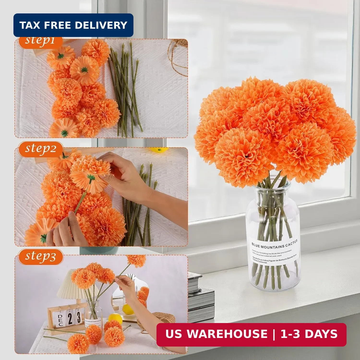 Rowfad 12 Pcs Artificial Chrysanthemums Fall Flowers Silk Orange Marigolds Flowe