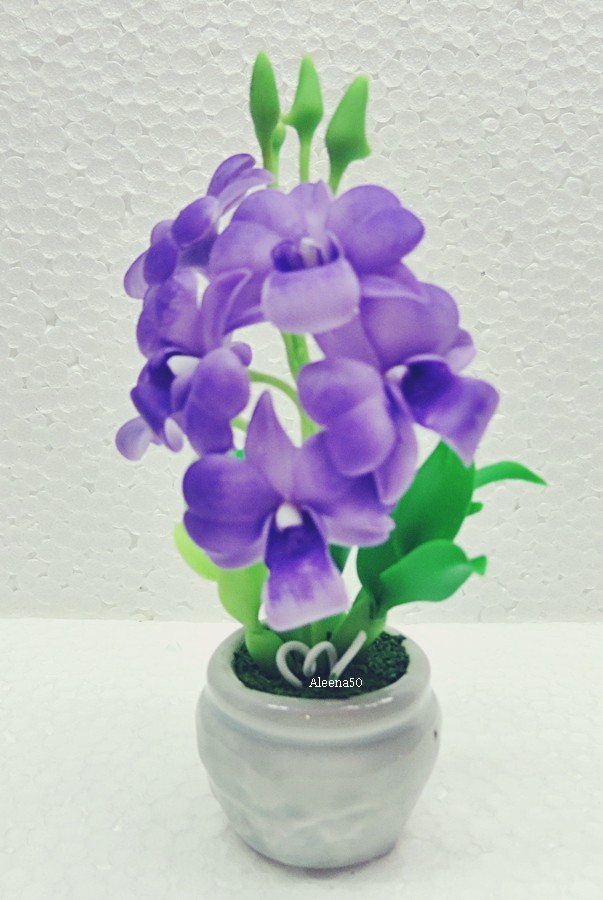 US Stock 4″H Handmade Air-Dry-Clay Miniature Dendrobium Orchid Arranged in Pot