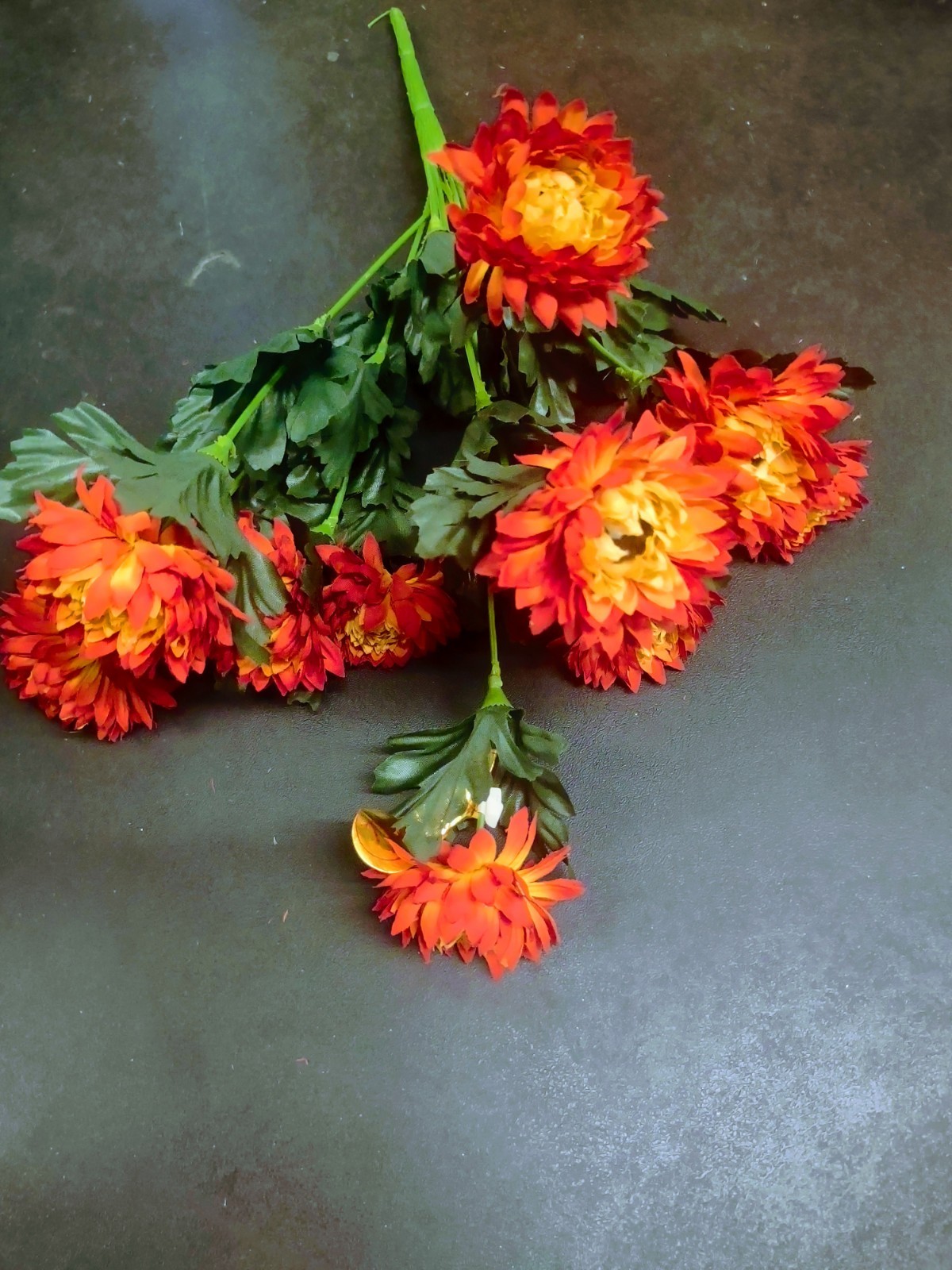 15″ Vintage Silk Strawflower Flower Bush with 10 Stems, Flame Yellow & Orange