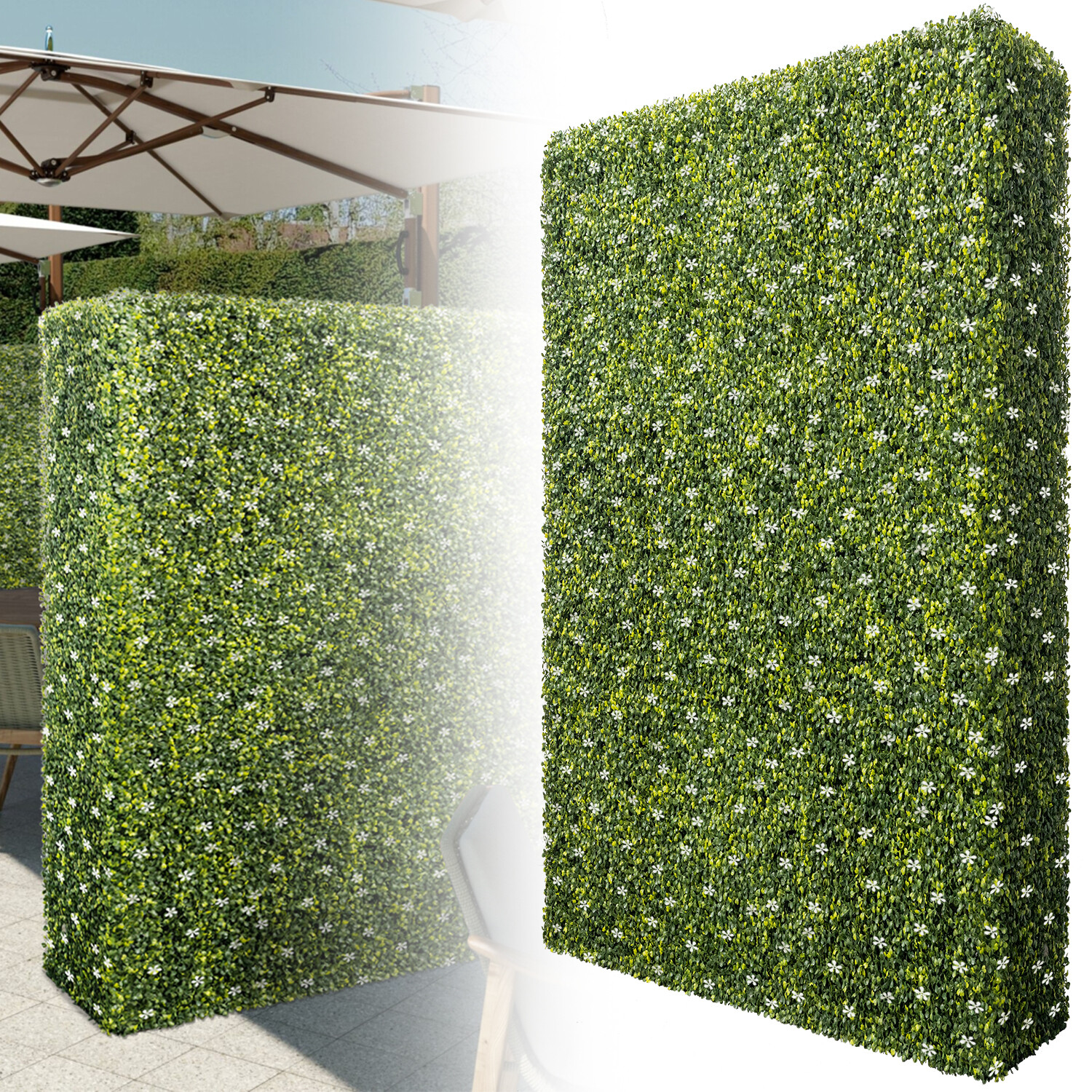 Patio Faux Hedge Wall with Flowers Artificial Boxwood Leaf Fence for Garden Home