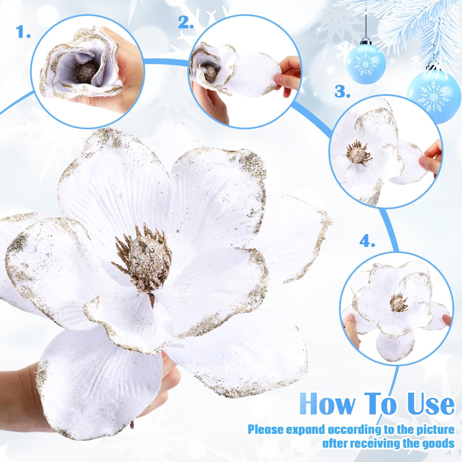 12 Pcs 9 Inch Large Velvet Christmas Magnolia Flower White Artificial Decor