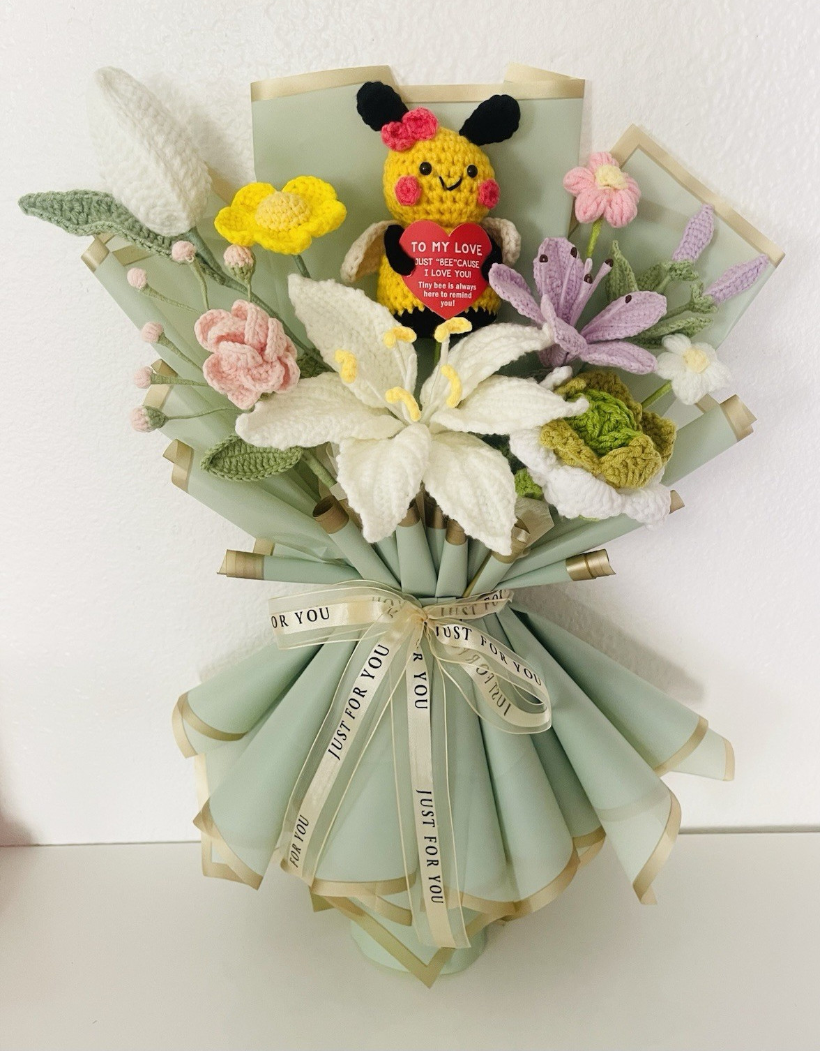 Artificial Crochet Lily Flower Bouquet Wall Decor w/ Plush Bee, 14×10 Multicolor