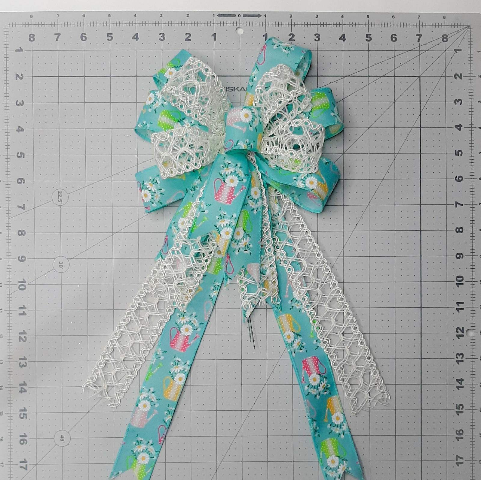 Spring Bow, Wreath Bow, Green, Turquoise Blue, Lace, Aqua, Watering Can, Flowers