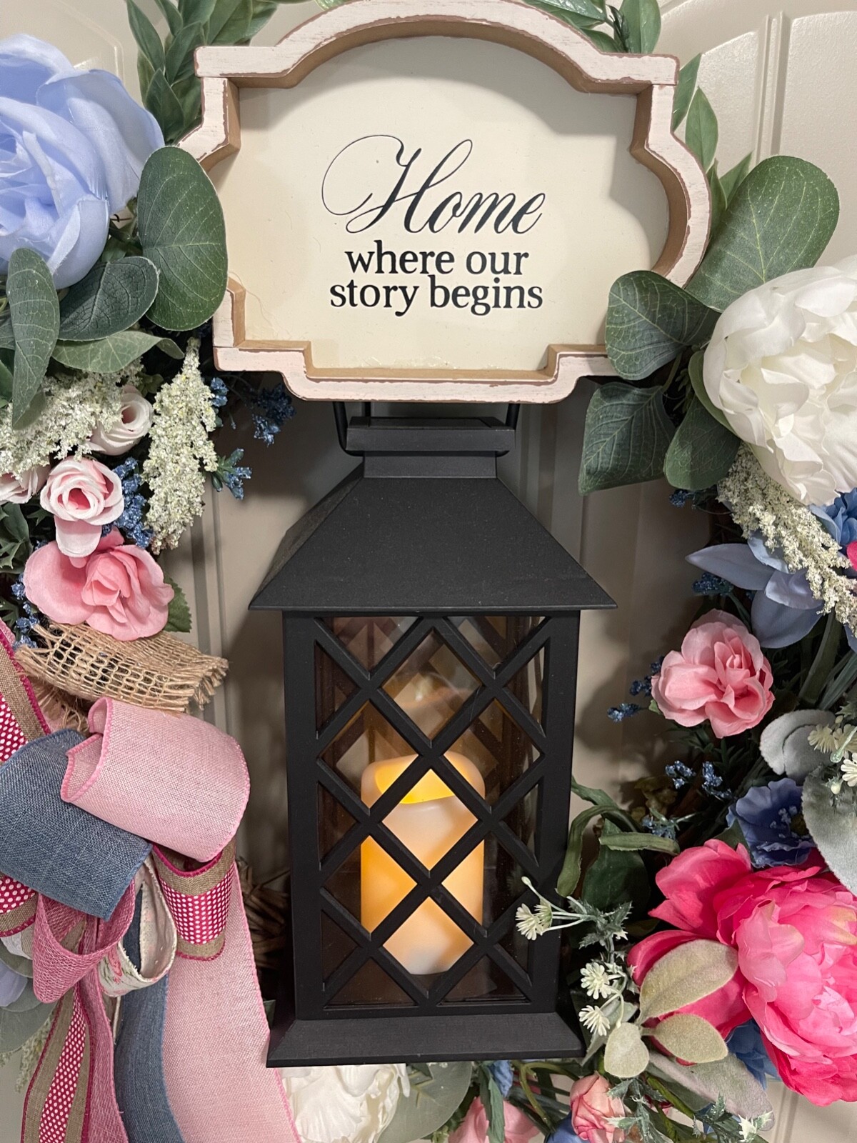 Home Where our Story Begins Lantern wreath by Taylormadecustombows 27x25x7″