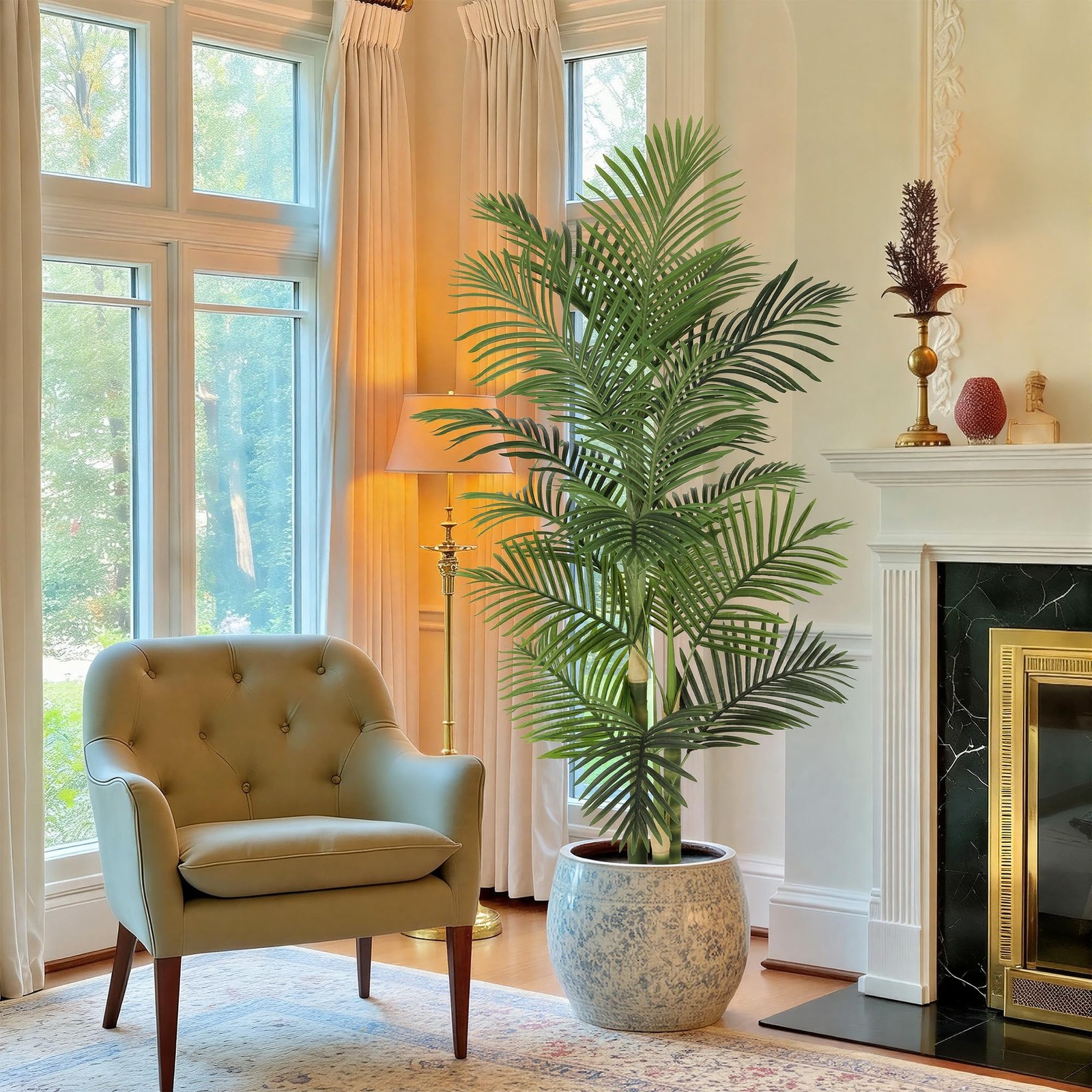 6ft Ultra-Full UV Resistant Fake Golden Cane Palm Tree with Triple Trunks, 72…