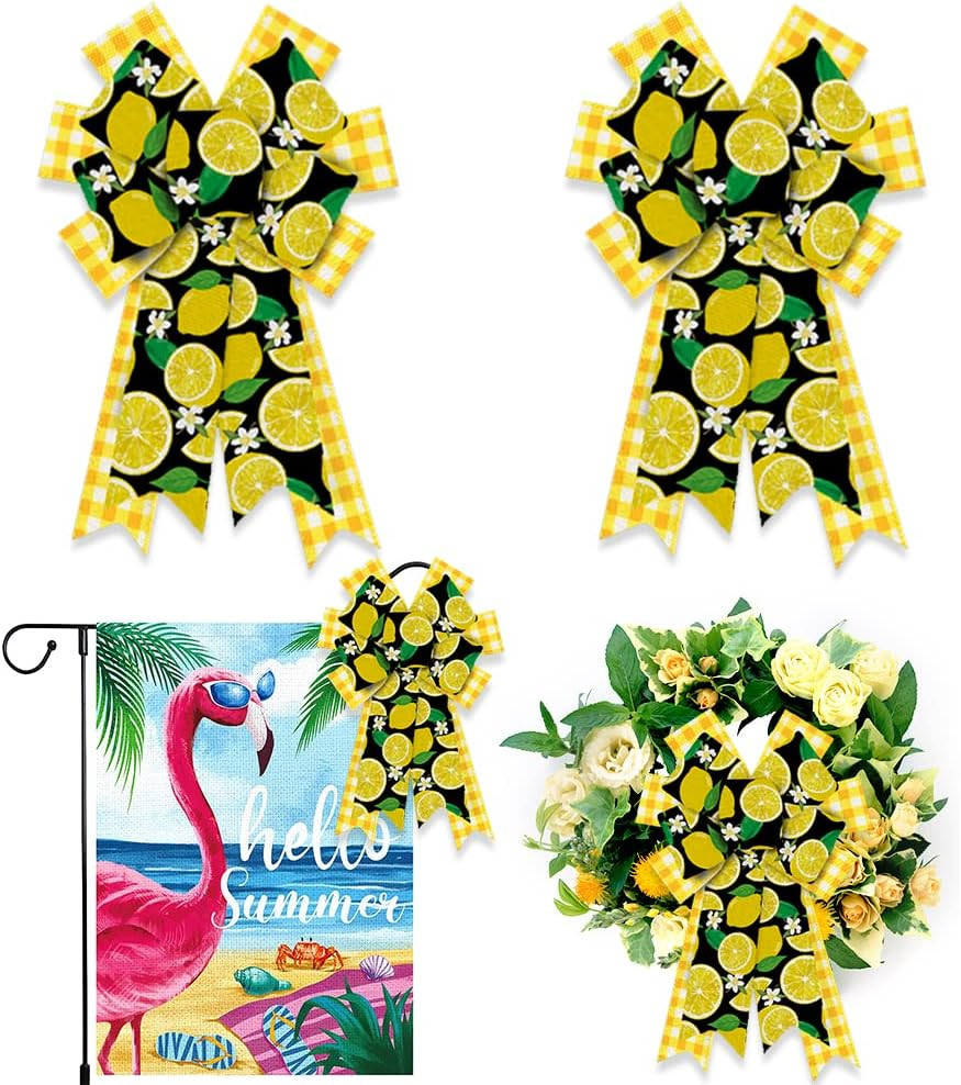2Pcs White Yellow Plaid Burlap Lemons Flower Bows for Wreaths, Summer Fruits Rib