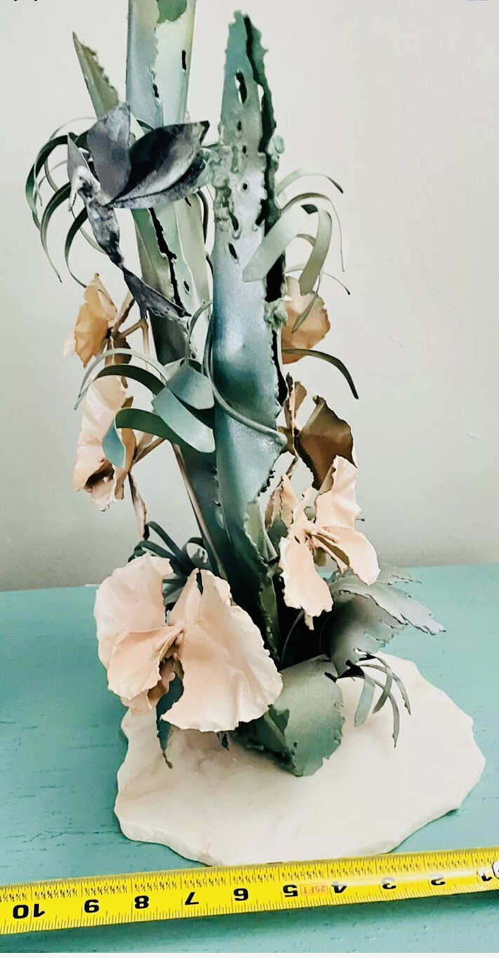 Unique Flower Arrangement Metal Orchids Marble Stand Handmade Hummingbird Signed