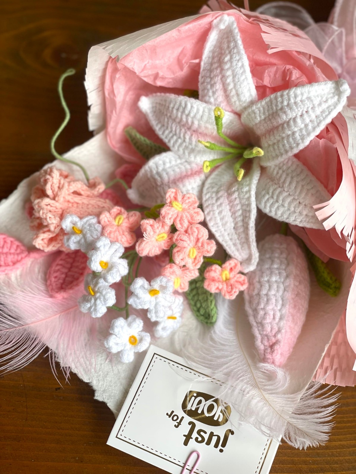 Luxury White Pink Lily Crochet Flowers Bouquet | Handmade Floral Decor Gift for