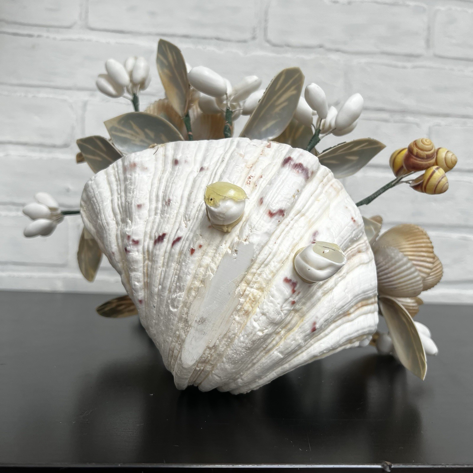 Vintage Shell Flower Arrangement Clam Shell Planter 12” Coastal Decor