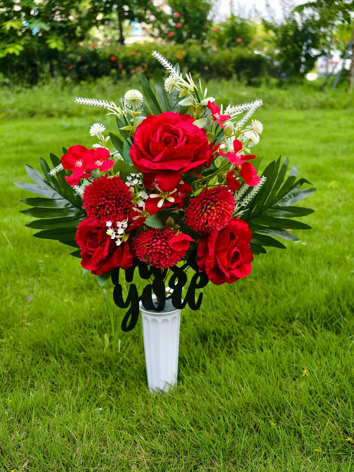 Red Roses Artificial Cemetery Flowers in Vase – Memorial Grave Headstone Decor