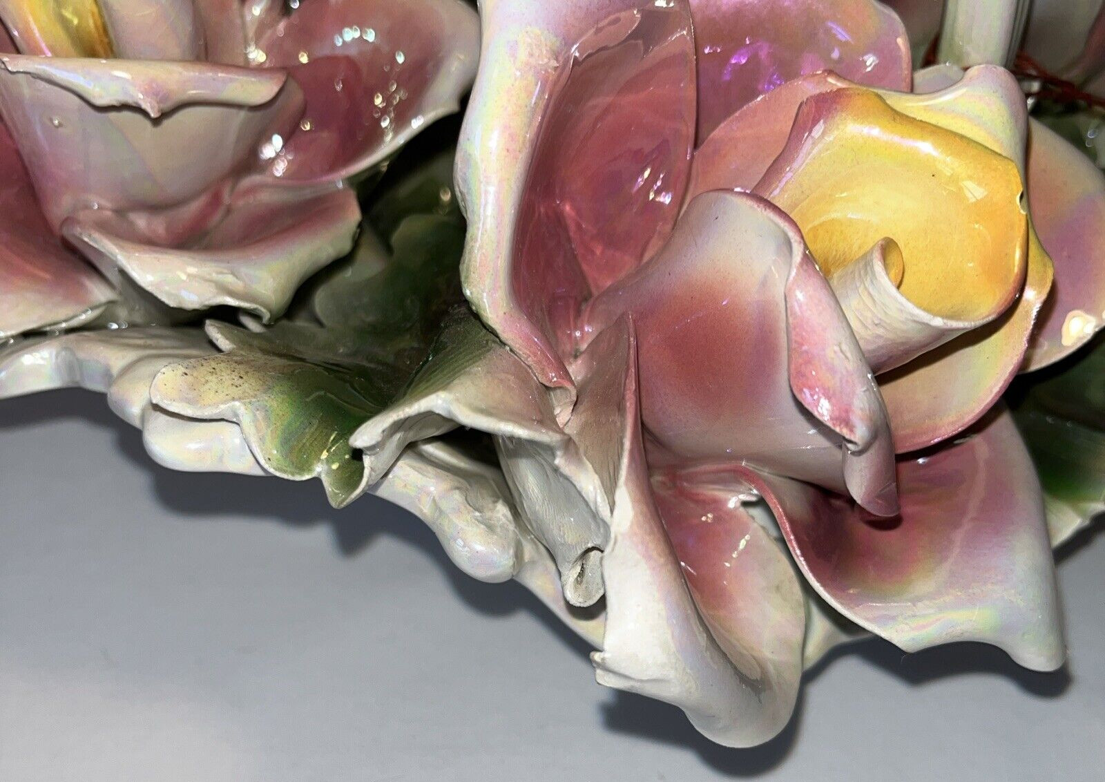 Vintage Capodimonte Basket of Roses Italy Original Tag Iridescent 10″ x 10″ x 6