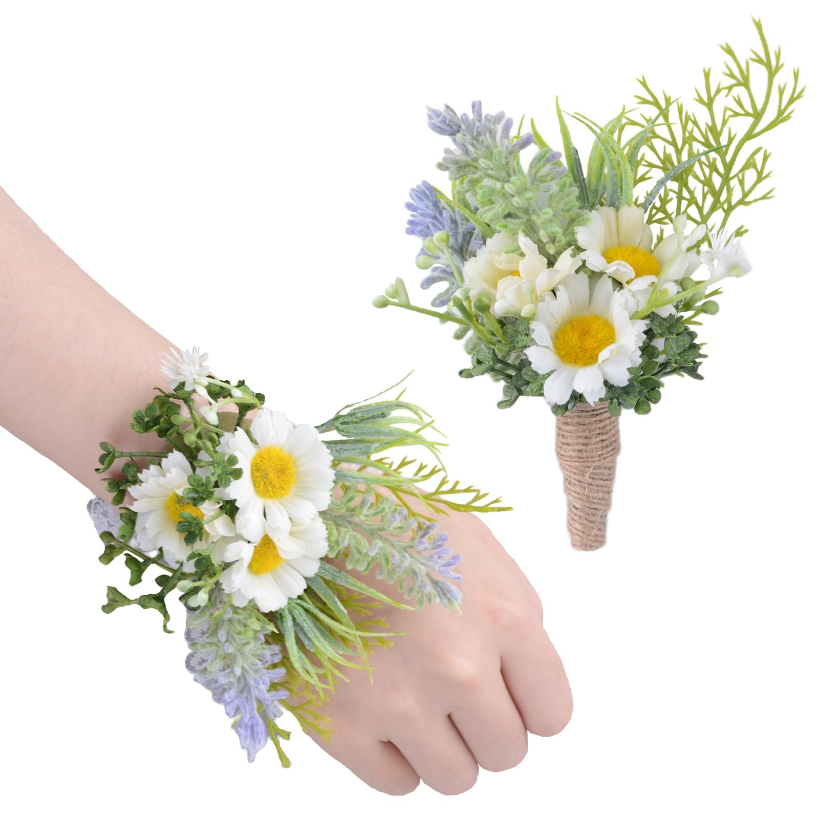 2Pcs White Daisy Corsage Wrist Flower Set Artificial Hand Flower and Boutonni…