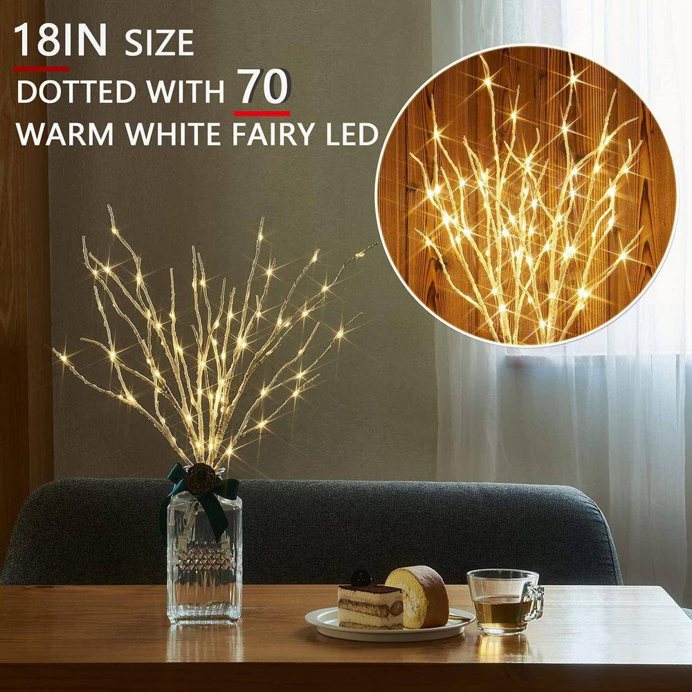 18 In. White Artificial Willow Foliage Lighted Birch Branches with 70 LED Timer