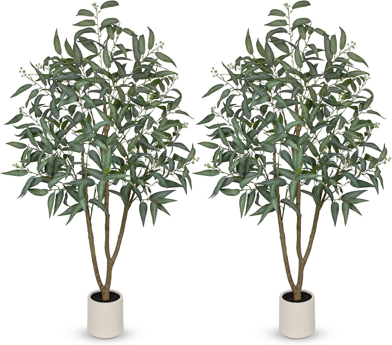 5FT Faux Eucalyptus Trees – Set of 2 in White Planters for Home Decor