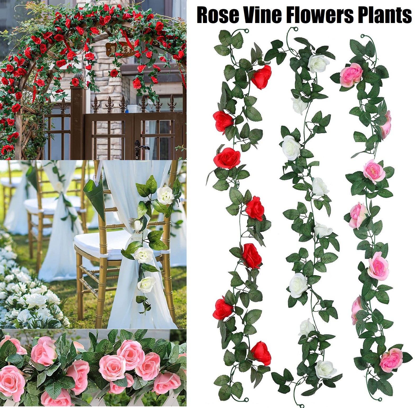 3Pcs Fake Rose Vine Flowers Plants 7.5 Ft Artificial Hanging Ivy Home Party USA