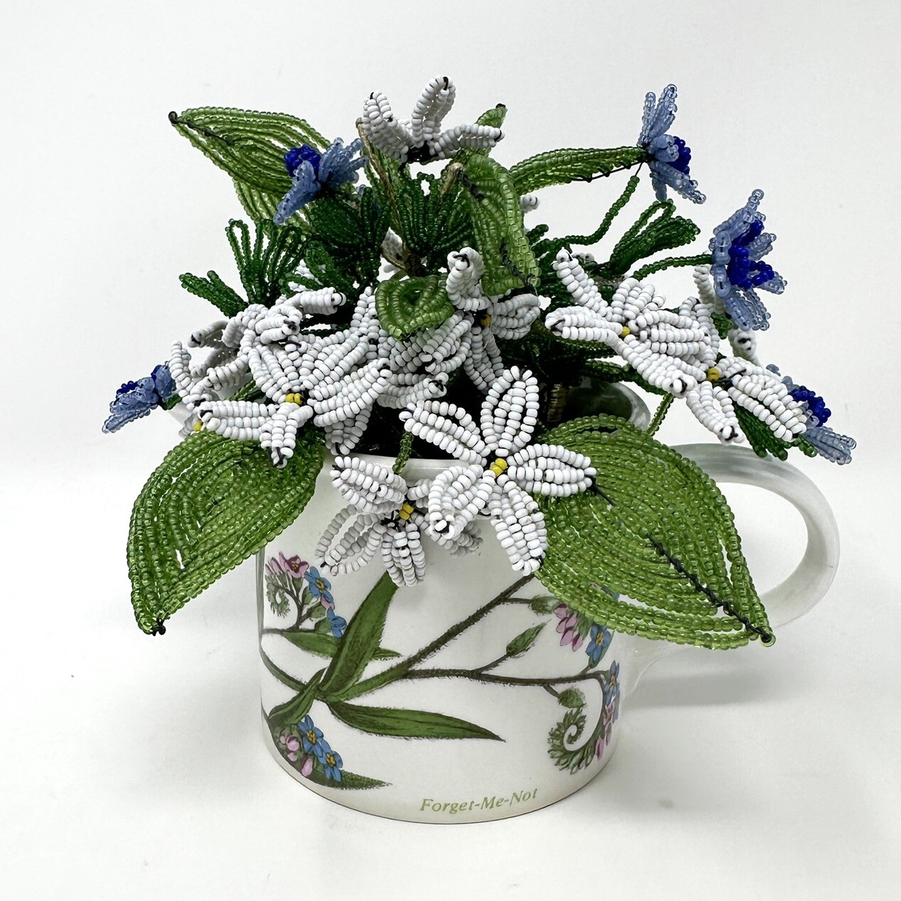 Beaded Glass Flower Bouquet Forget Me Not & Portmeirion Botanic Garden Pot
