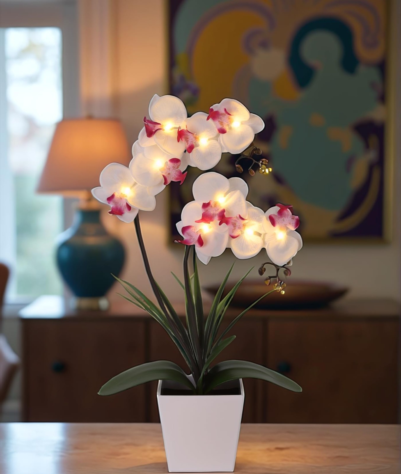 LED Orchid Lamp – Lighted Faux Phalaenopsis Flower Arrangement, Pre-Lit Decor