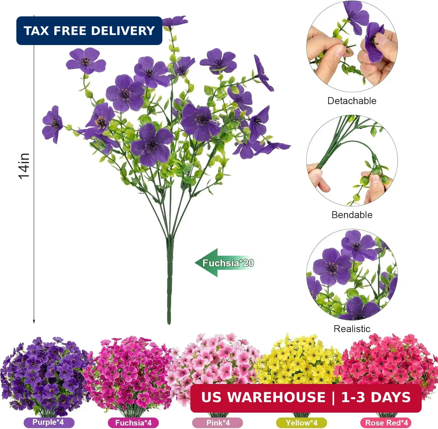 20 Bundles Artificial Flowers for Outdoors, Fake Violet Flowers Silk Realistic U