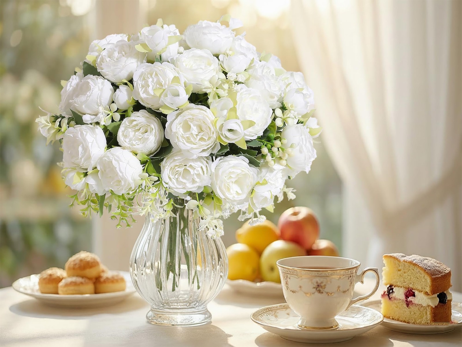 24 Bundles Peonies Artificial White Flowers Bouquet, Lifelike Silk Fake Peoni…