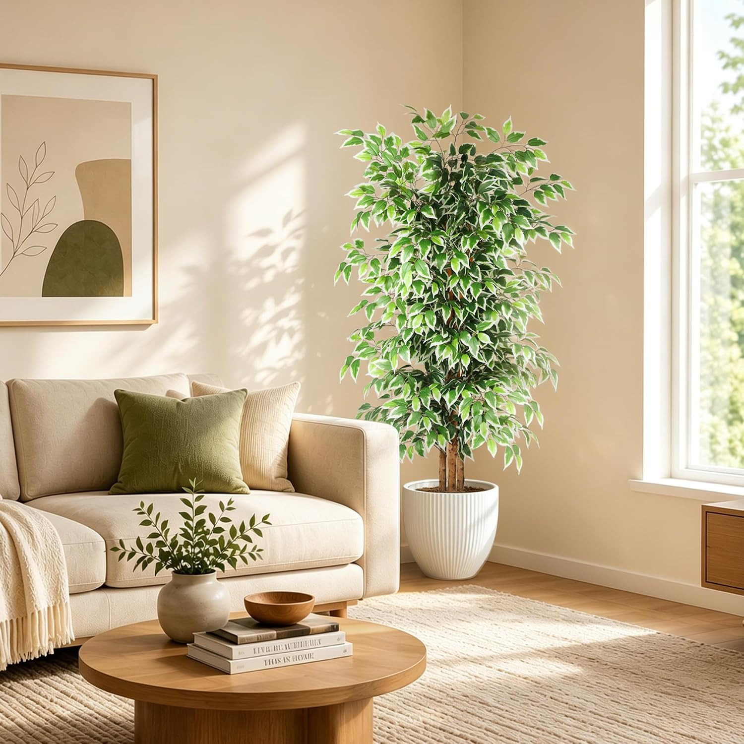 6Ft Ficus Artificial Tree, Tall Faux Trees Indoor with Natural Trunk and Fake Si
