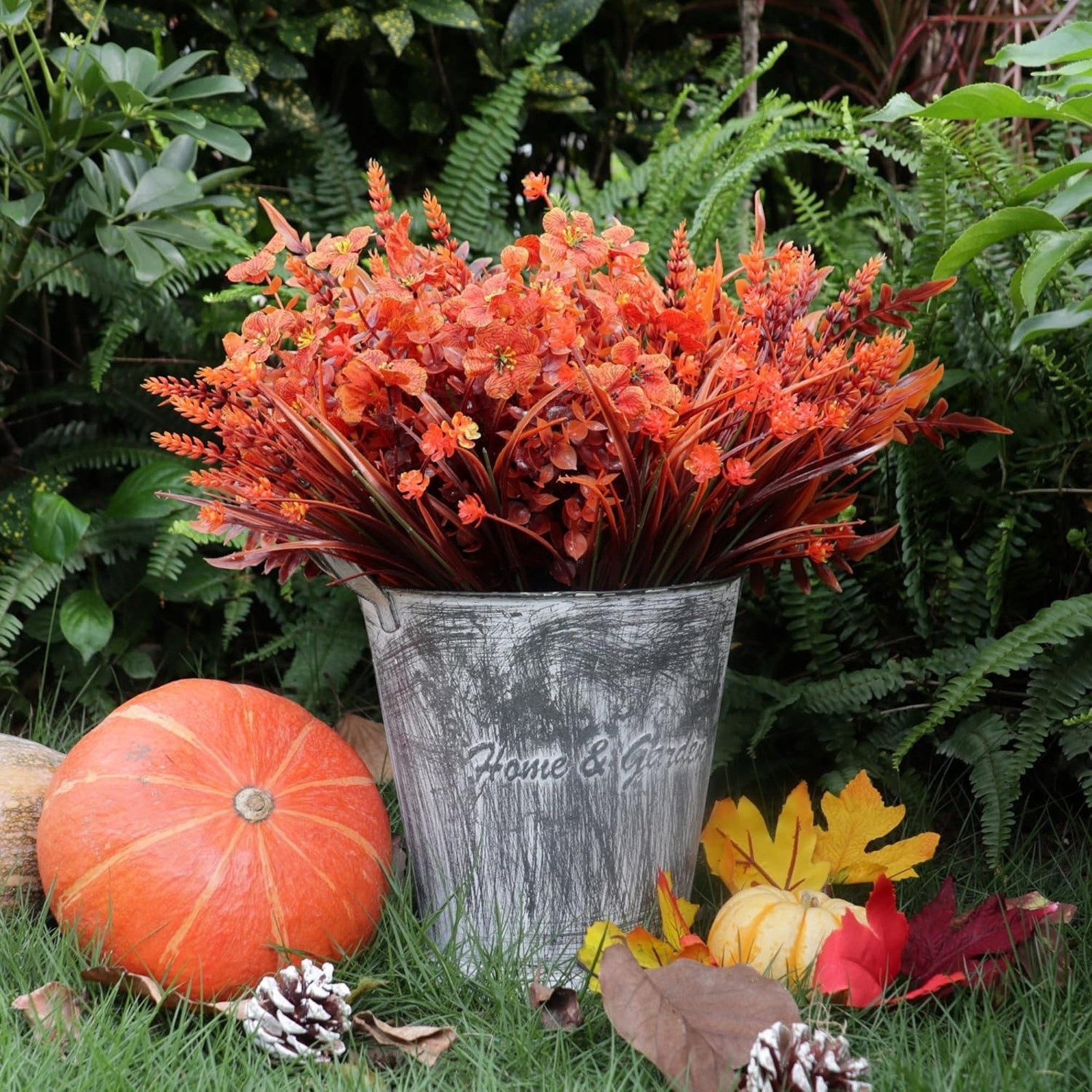 16 Bundles Faux Fall Mums Flowers Plants UV Resistant Mixed Orange