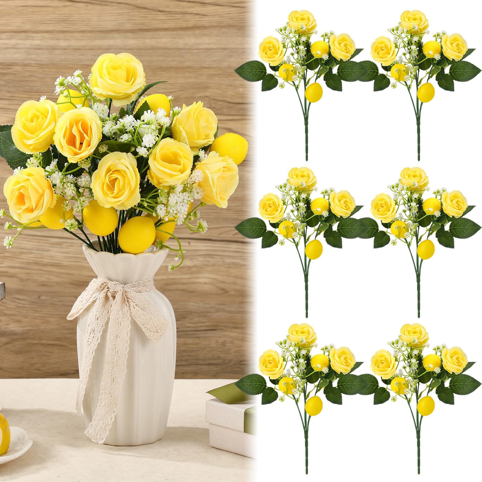 6 Pcs 12” Summer Artificial Lemon Branches Decor Fake Yellow Flower Picks Si…