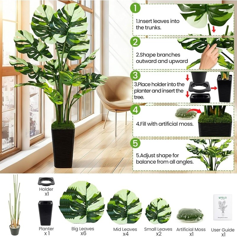 5ft Faux Monstera Tree Realistic Leaves Indoor Outdoor Decor No Maintenance New