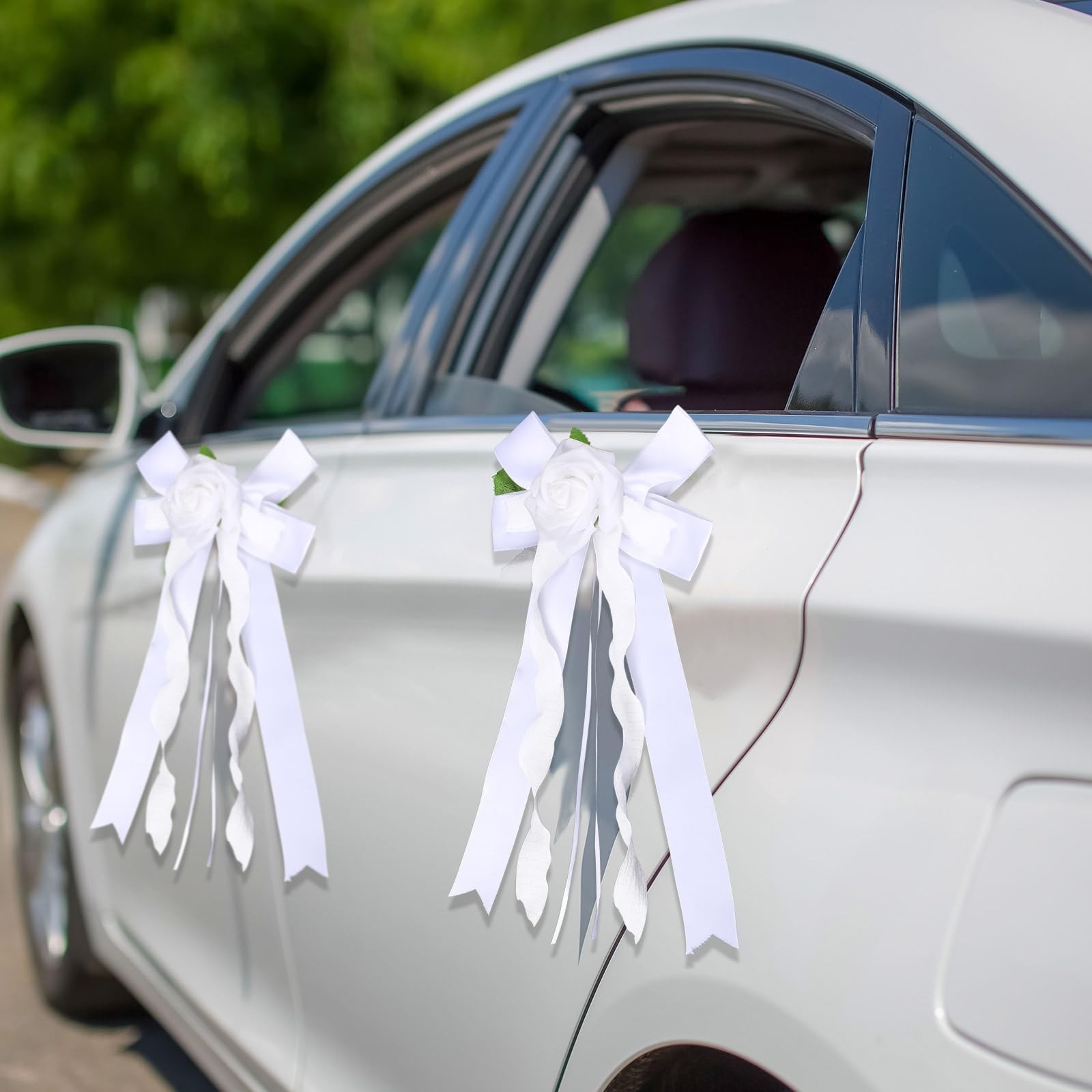 Just Married Car Decorations Wedding Door Handle Flowers White Bouquet Ribbon