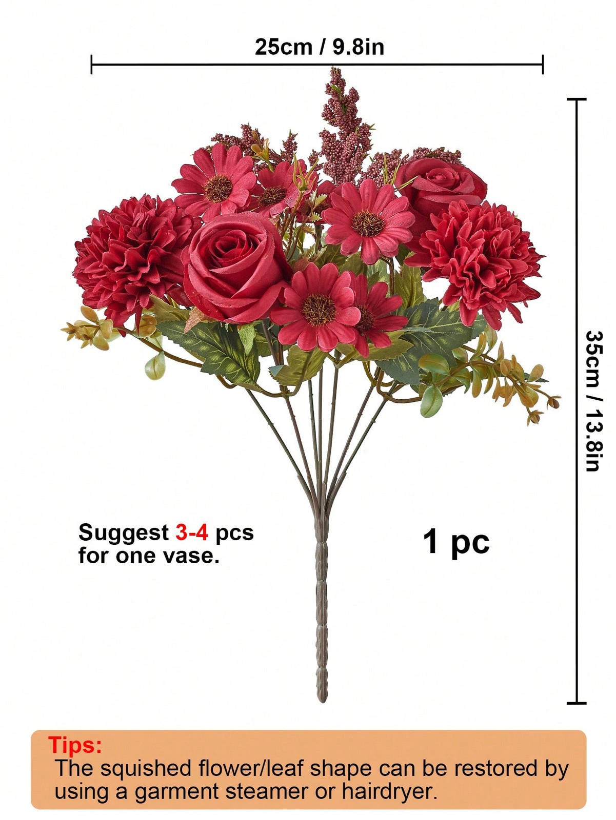 Red Artificial Silk Rose Daisy Bouquet 1 Pc Or 3 Pcs Home Wedding Decor