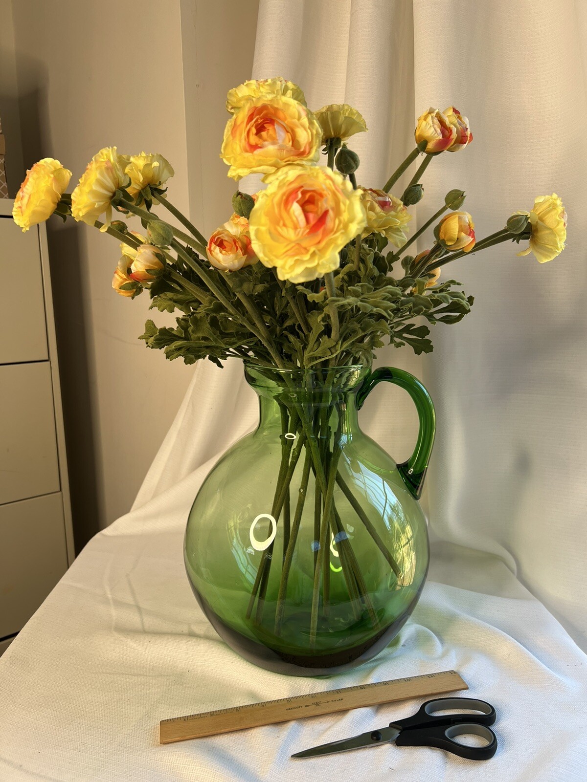 Large Custom Floral Arrangement Realistic Yellow Ranunculus In Green Glass Jug