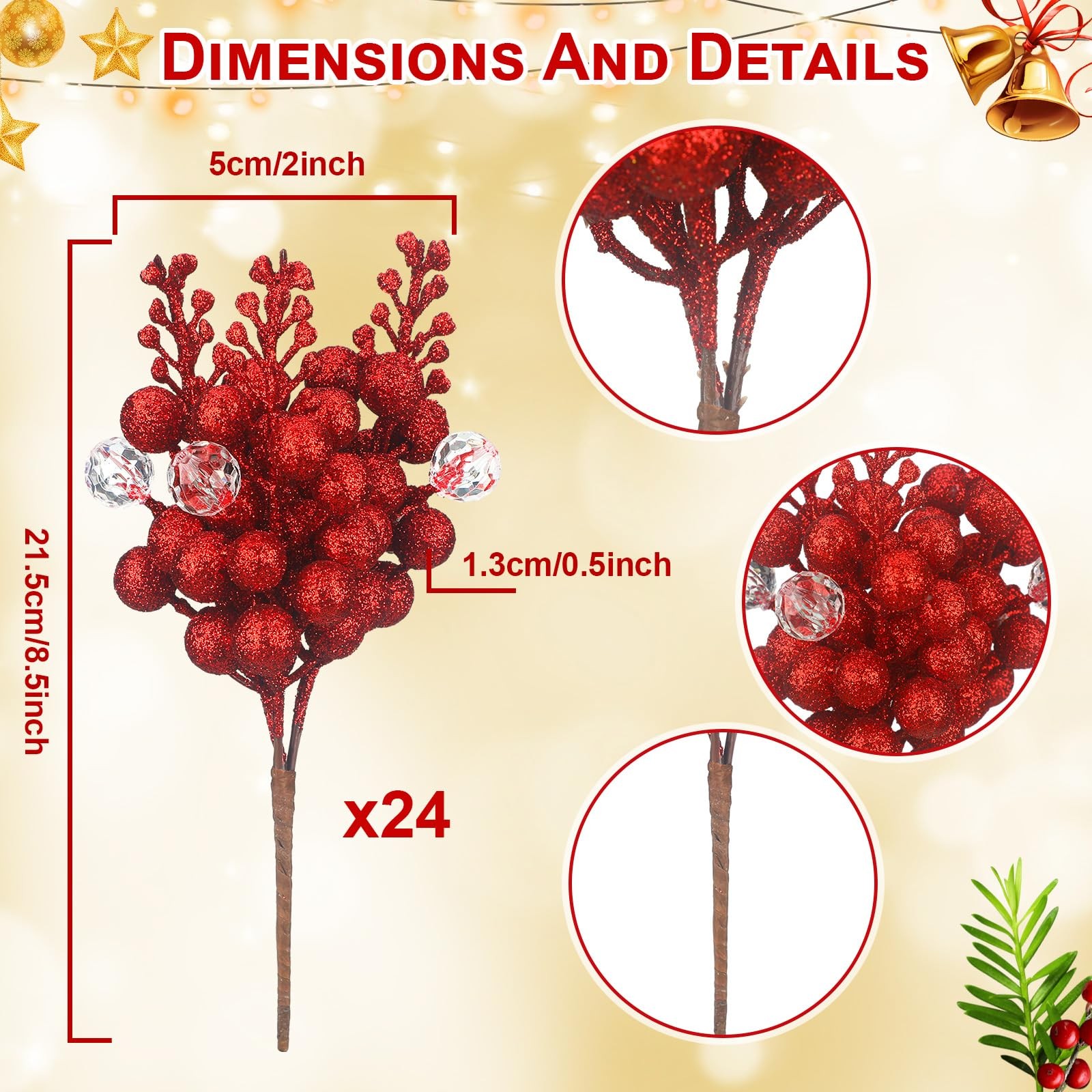 24 Pack Artificial Red Berry Stems Christmas Picks and Sprays Glitter Christm…