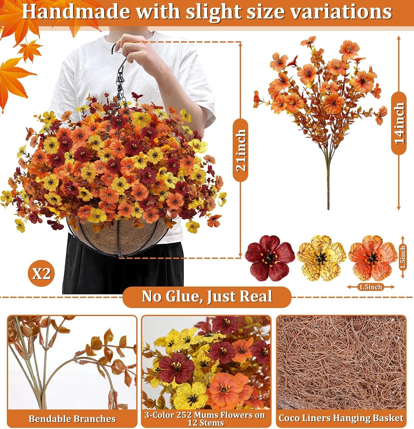 2 Sets UV Resistant Faux Silk Fall Mums for Autumn Outdoor Decor