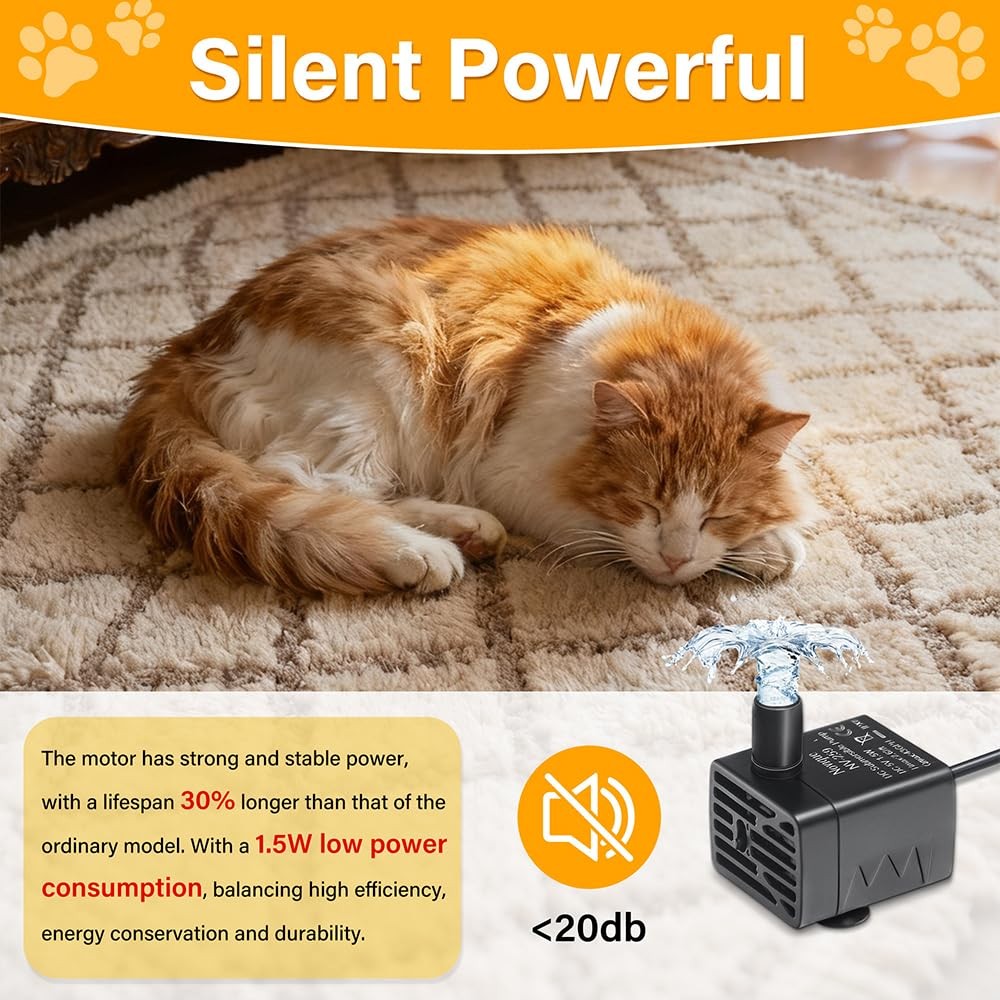 Novique Ultra-Quiet Replacement Pump for Cat Water Fountains Black(USB Cable）
