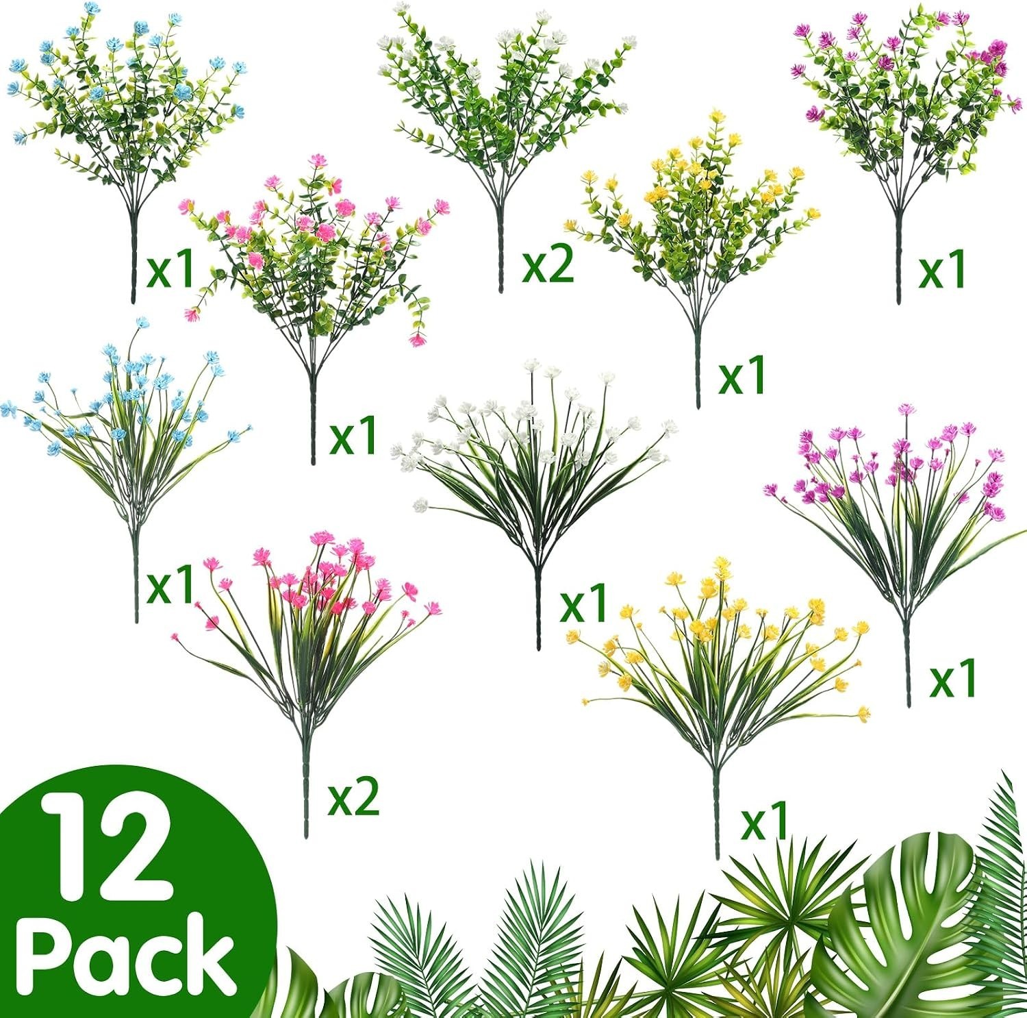 Faux Flower Set – 12 Lifelike UV Resistant Plants for Indoor & Outdoor Elegance