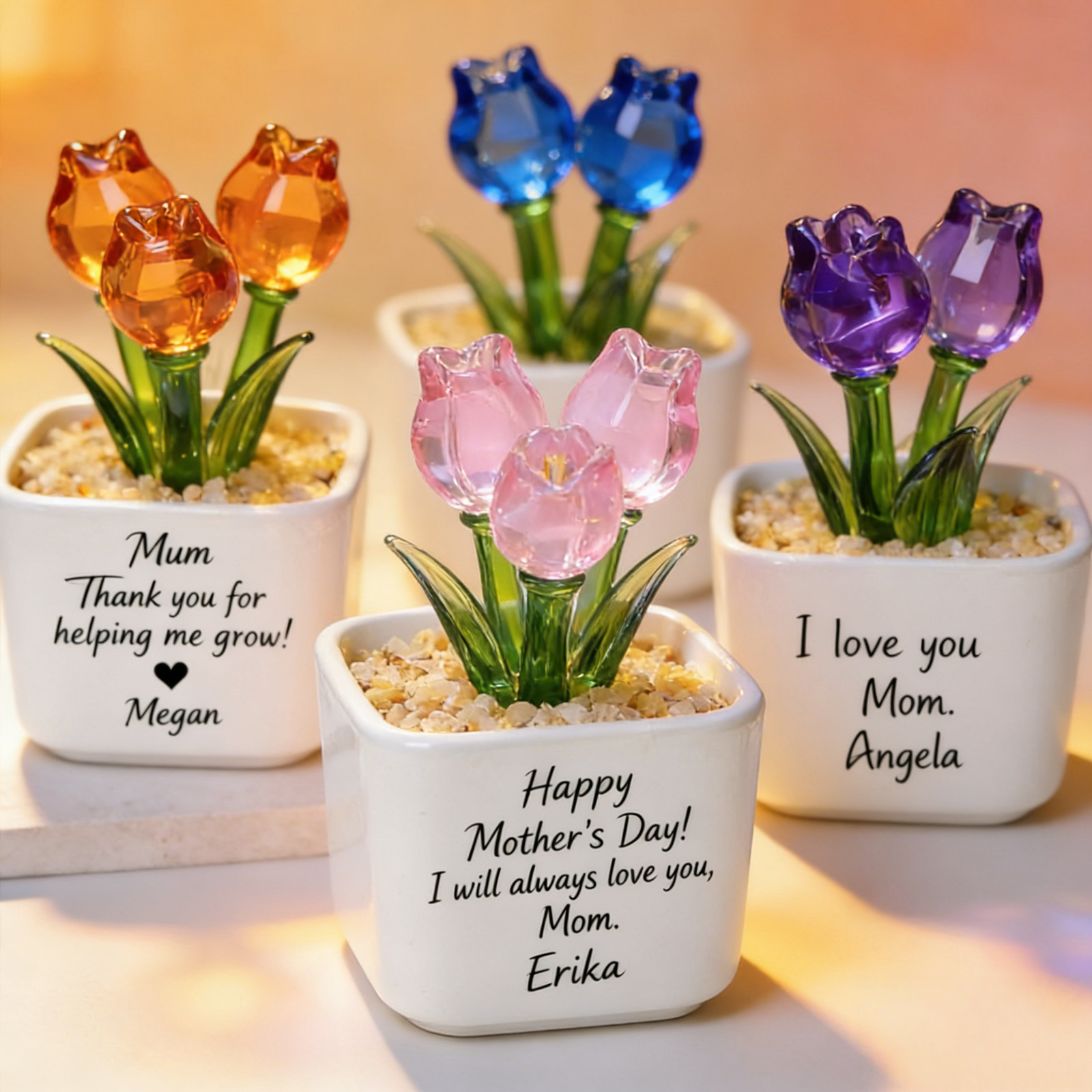 Custom Glass Tulip Flower Pot Personalized Gift for Mom Birthday Decor