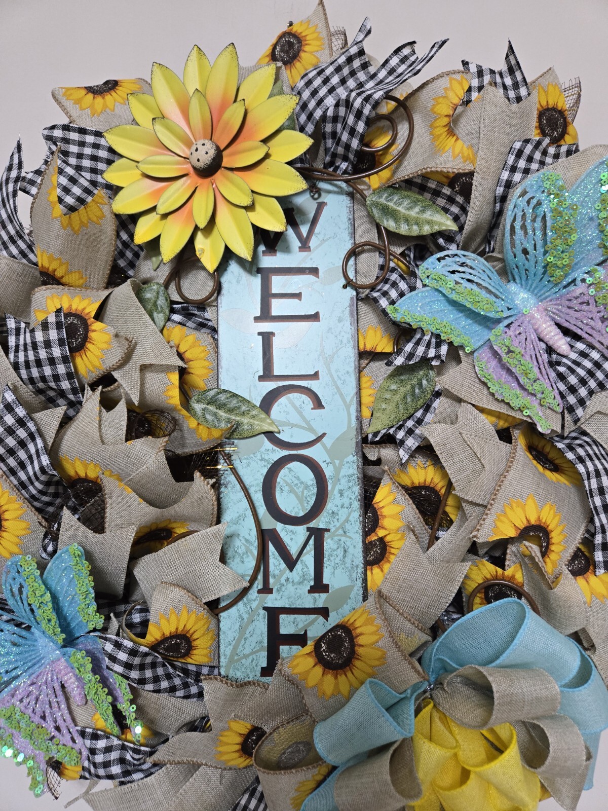 WELCOME Spring Summer Fall Front Door Wreath Wall Decor big Sunflower Butterfly