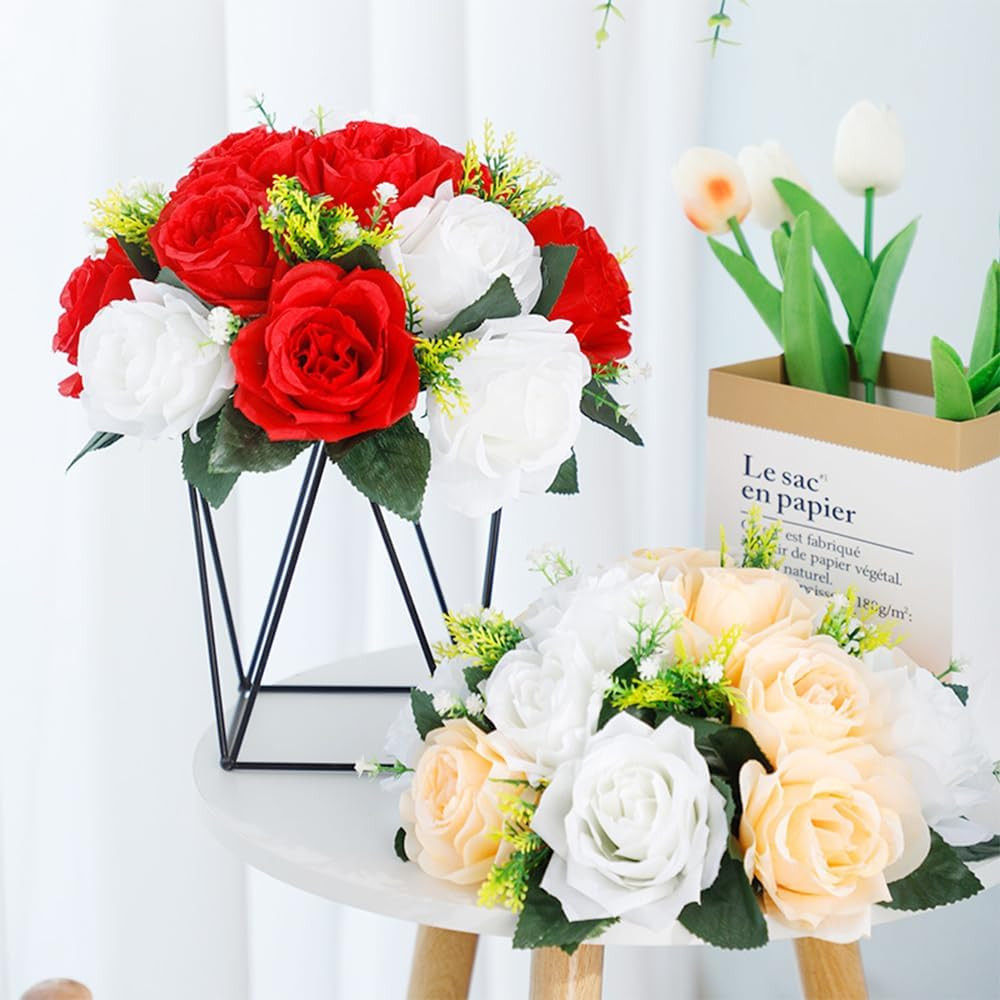 Champagne & White 10Pcs Artificial Flower Ball Bouquet for Weddings & Decor