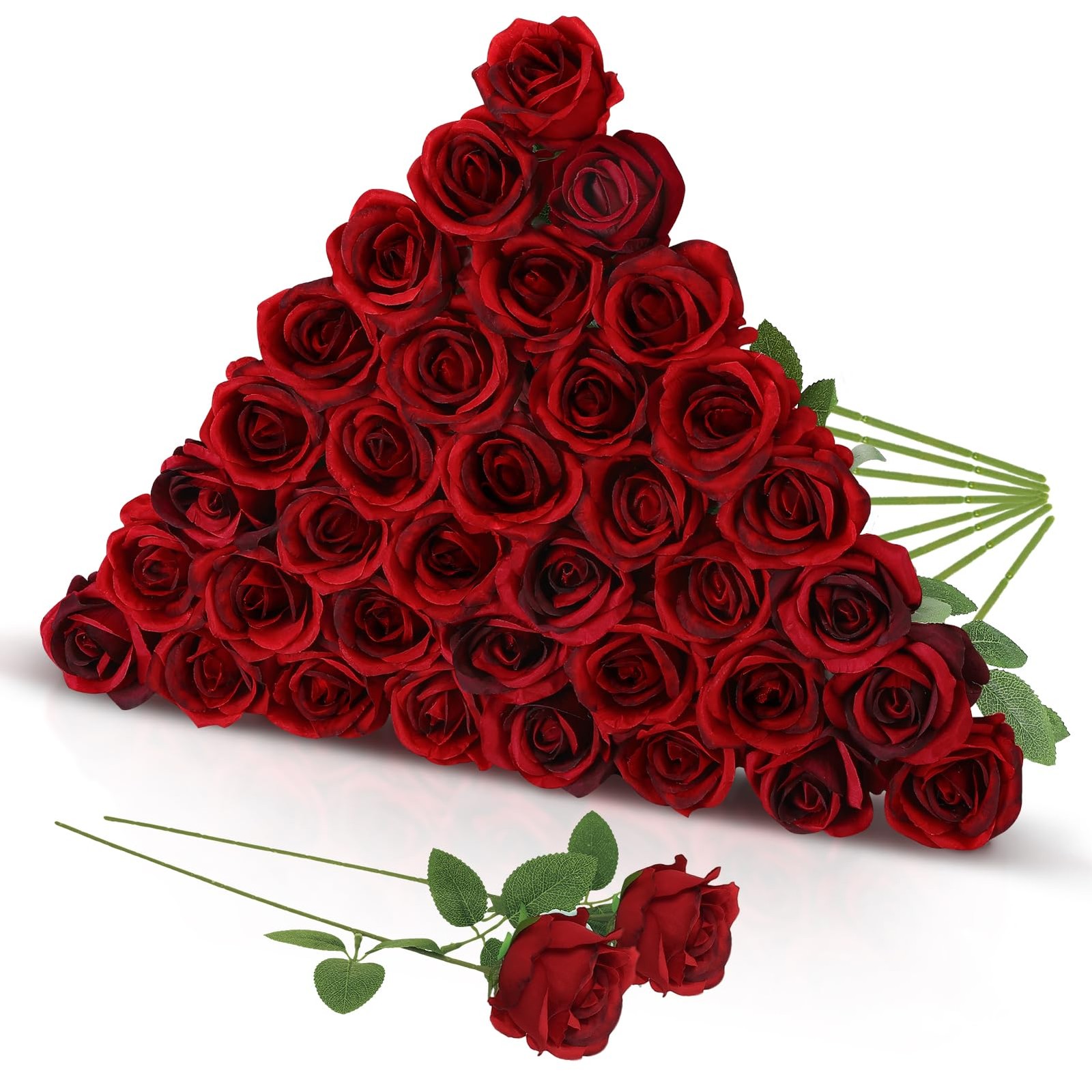 36 Pcs Burgundy Artificial Roses with Long Stems, Fake Silk Rose Artificial F…