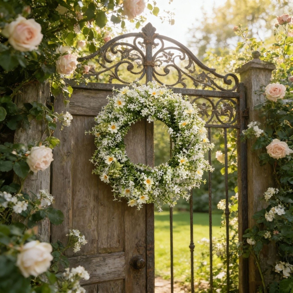 Plastic Spring Wreath White Eucalyptus Floral Decor for Door or Wall Mount