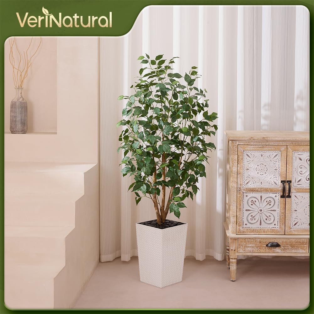 5Ft Artificial Ficus Tree,Tall Faux Tree with Pebbles & Planter UV Resistant Pot
