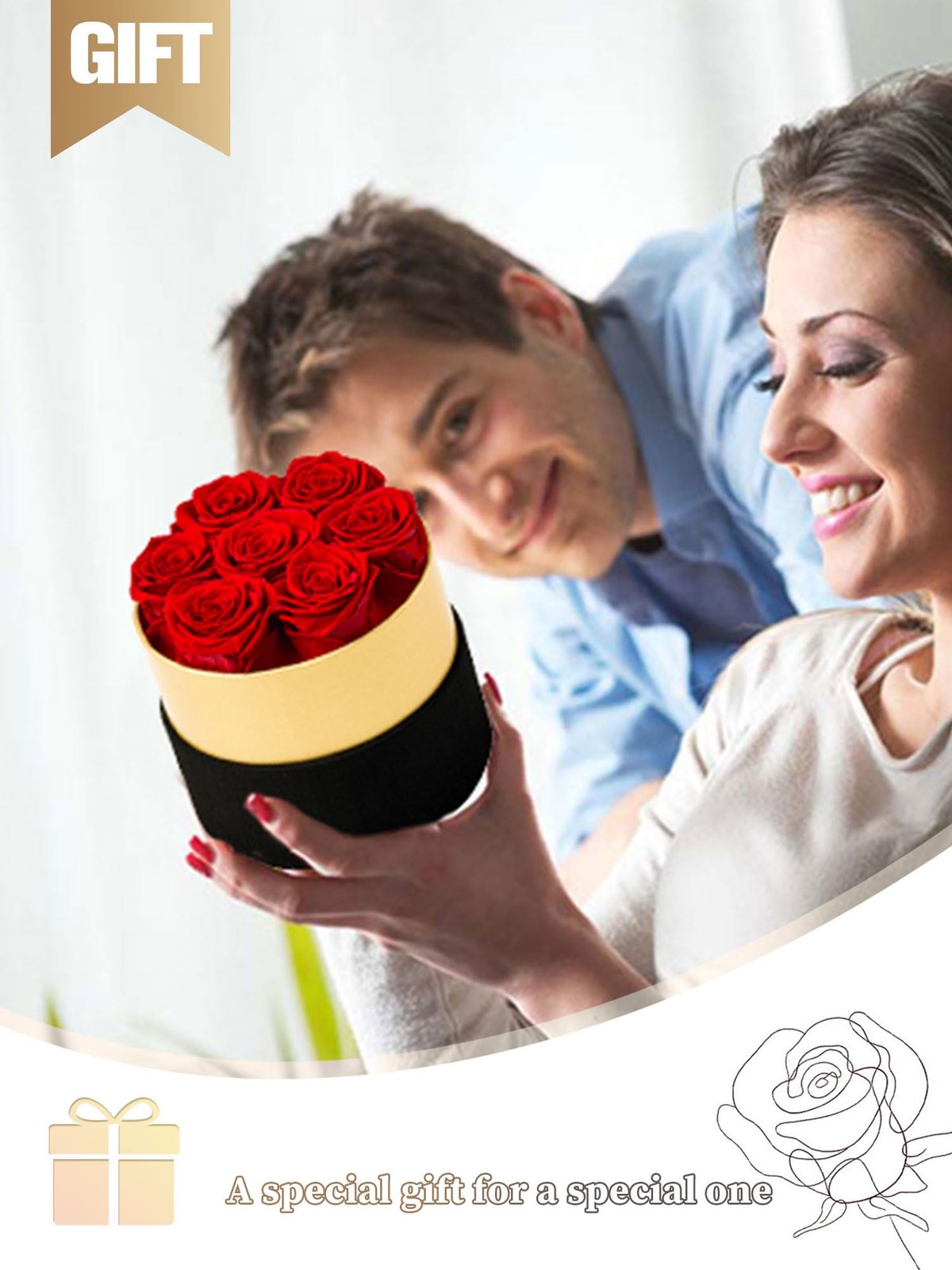 Long Lasting Preserved Forever Roses In Black Round Gold Box Red Flower