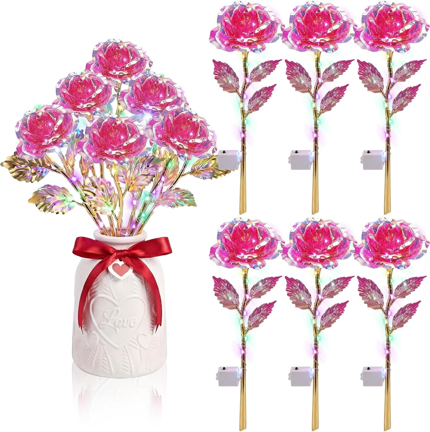 Lyrow 6 Pcs Valentines Galaxy Rose LED Light up Rose Flower Gifts Crystal Artifi