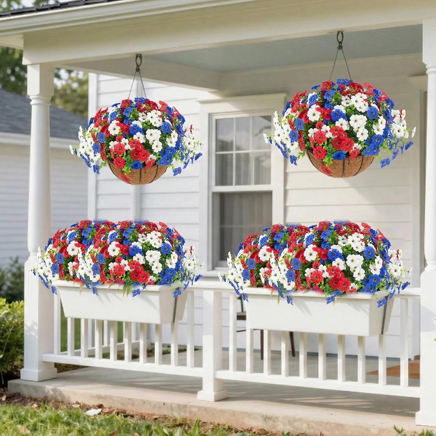 24 Vibrant Artificial Flowers in 2 Hanging Baskets for 4th of July Celebrations