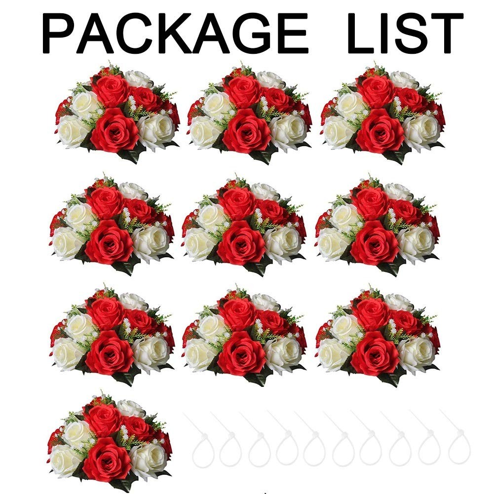 10pcs Red White Silk Artificial Flower Bouquets Home Wedding Decor 25cm